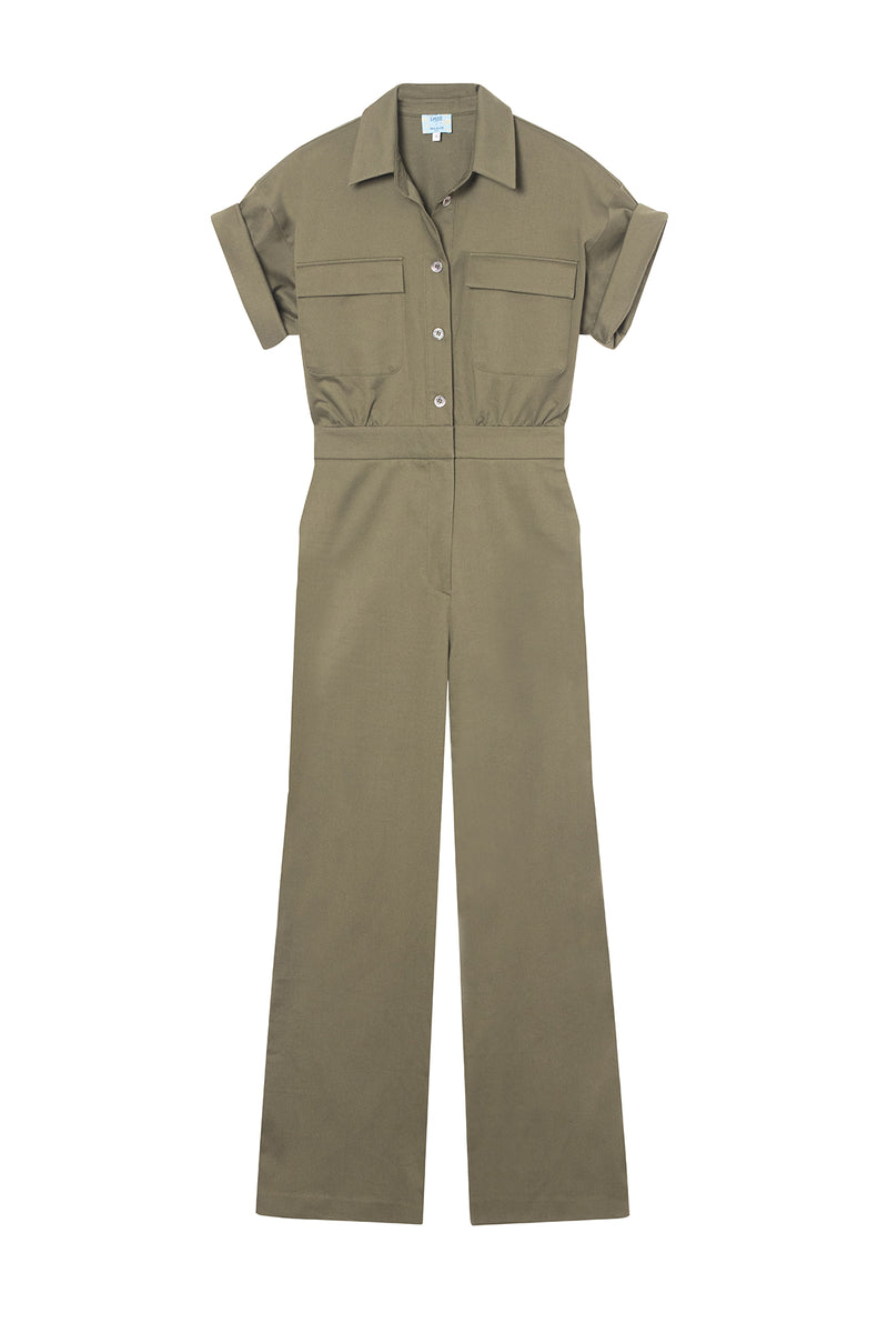 Short-Sleeves Cotton Gabardine Jumpsuit Vanou Khaki Green PAUL & JOE X ELLOZZE
